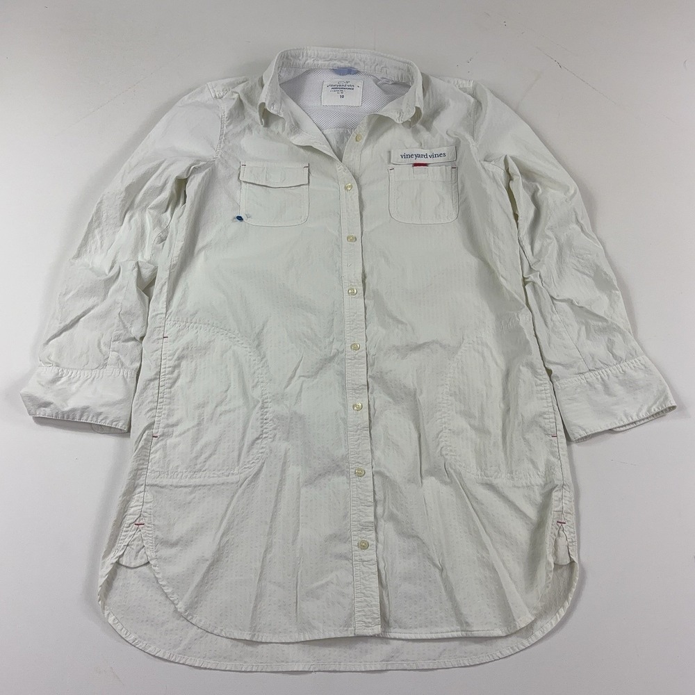 Vineyard Vines Shirt Dress Womens 10 White Performance Long Sleeve Logo